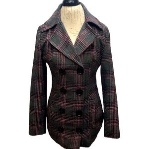 Rue21 Gray & Pink Plaid Pea Coat Size S